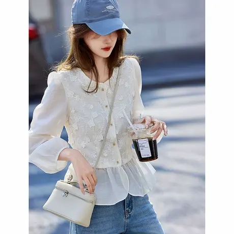 时尚气质长袖衬衫2025年春季新款女刺绣百搭温柔显瘦淑女圆领上衣商品大图