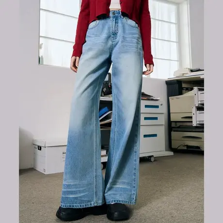 a02美式折痕水洗高腰阔腿直筒裤2025春季宽松显瘦女式牛仔裤商品大图