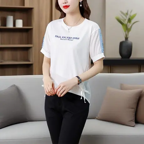 简约休闲短袖t恤女2025年夏季新款薄款时尚圆领字母印花妈妈上衣商品大图
