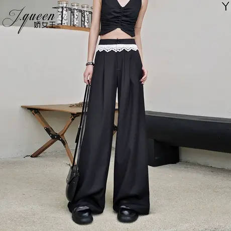 条纹阔腿裤女夏季黑色透气百搭拖地长裤蕾丝花边装饰低腰百搭裤子商品大图