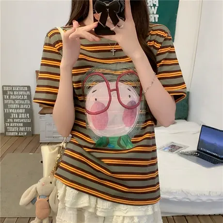 美式条纹卡通短袖t恤女2025新款夏季潮牌小众设计感正肩显瘦上衣商品大图