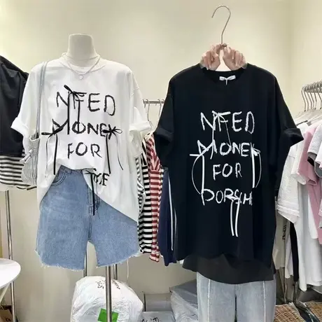 美式复古短袖T恤女夏季韩版百搭宽松显瘦蝴蝶结字母拼接上衣半袖商品大图