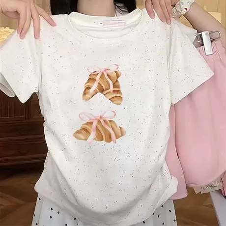 圆领褶皱收腰短袖t恤2025年新款甜妹风夏季彩虹波点洋气正肩上衣图片