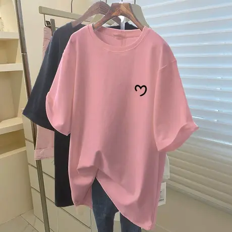 2025新款纯棉短袖t恤女中长款宽松休闲遮屁股粉色上衣打底衫夏季商品大图
