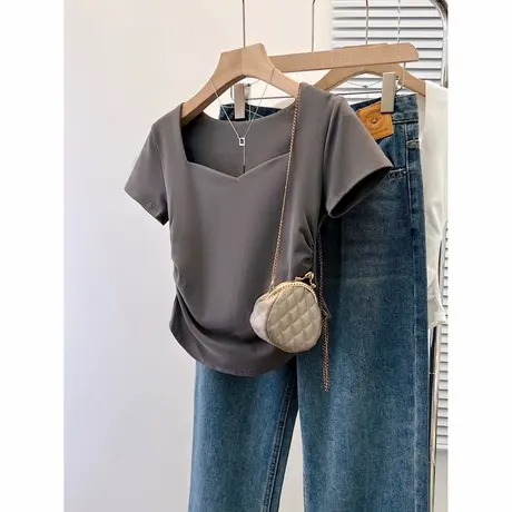 方领露锁骨短袖T恤女夏天洋气韩版修身显瘦辣妹短款纯欲半袖上衣图片