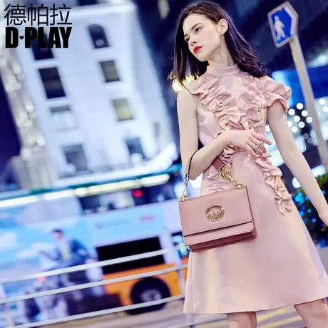DPLAY德帕拉春款欧美浅粉色木耳边高腰连衣裙时尚优雅礼服裙商品大图