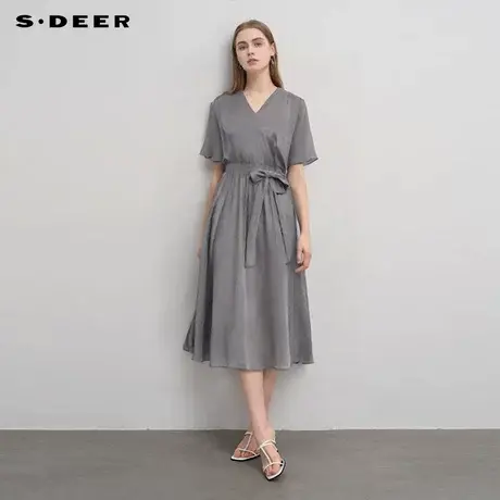 sdeer圣迪奥女装V领盘扣收腰荷叶边新中式连衣裙S233Z1265商品大图