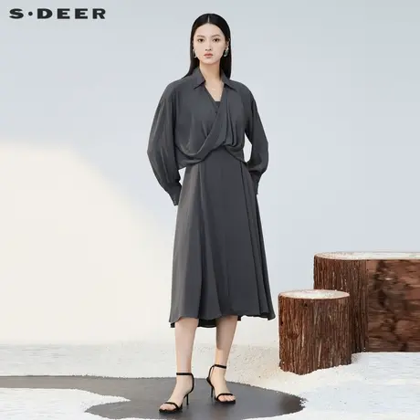 sdeer圣迪奥女装V领压褶衬衫两件套吊带裙S223Z12S7商品大图