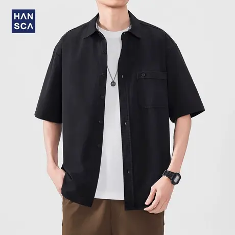 hansca骑兵斜纹翻领短袖衬衫男2025夏季吸湿透气简约纯棉衬衣外套商品大图