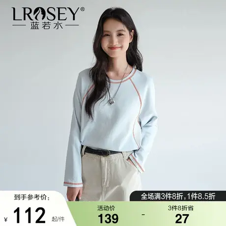 蓝若水大码女装圆领宽松明线长袖t恤2025秋季新款胖MM设计感上衣商品大图