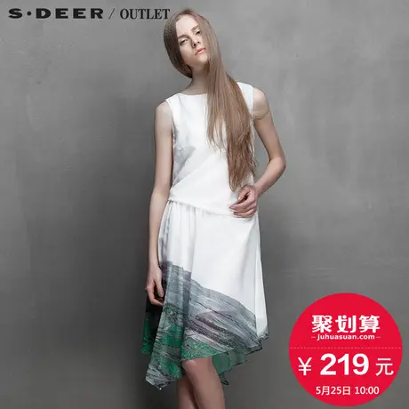 s.deer【聚】圣迪奥女夏腰部垂褶绿意抽象涂鸦连衣裙S15281230商品大图