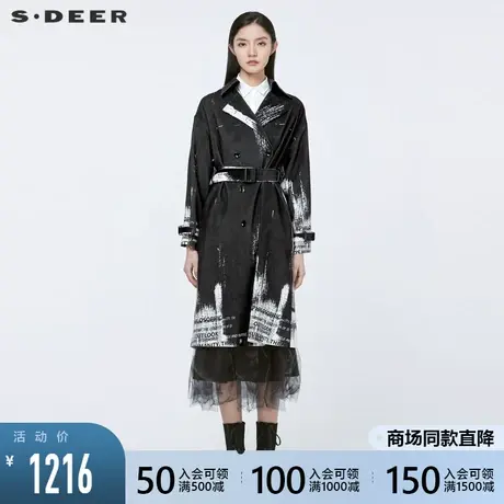 sdeer圣迪奥新款休闲翻领收腰双排扣字母水墨长款风衣女S21481845💯商品大图