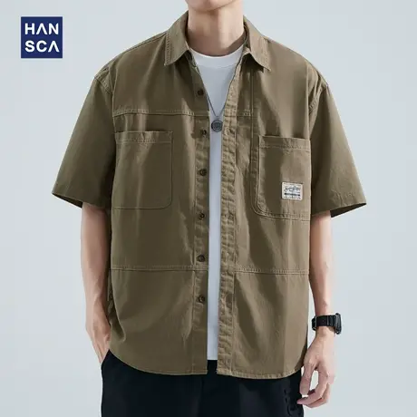 hansca日系复古工装短袖衬衫男夏季纯棉宽松拼接休闲翻领衬衣外套商品大图