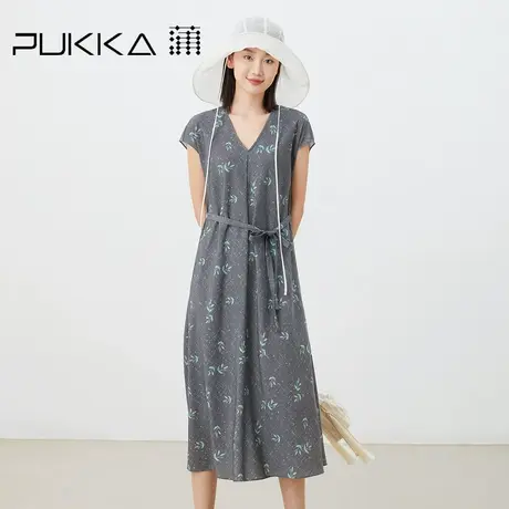 蒲PUKKA 2023夏季法式复古V领显瘦连肩小飞袖A字印花连衣裙商品大图