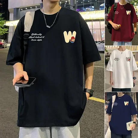 潮牌宽松短袖t恤男夏季2025新款男装半袖高街美式体恤纯棉打底衫t商品大图