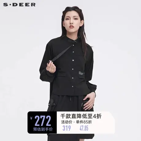 sdeer圣迪奥春秋装休闲立领织带撞色铆钉黑色衬衫女S22180515🌱商品大图