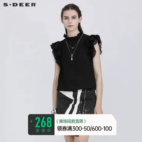 sdeer圣迪奥夏装木耳边圆领小众网纱拼接黑色雪纺衬衫女S21280427🍏商品大图