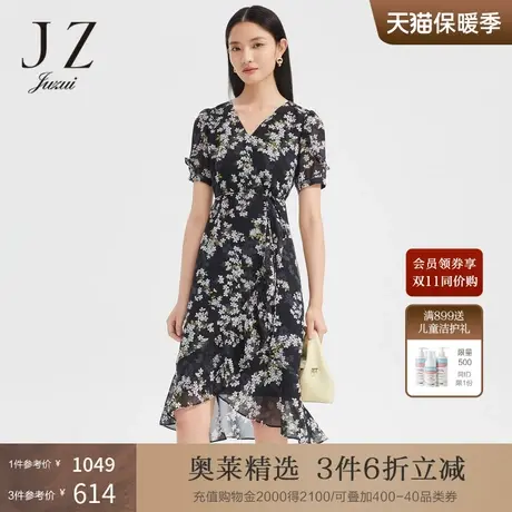 JZ玖姿2022夏季新款时尚优雅碎花不规则收腰连衣裙商品大图