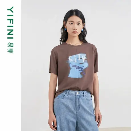 [专柜同款]Yifini/易菲圆领印花短袖宽松百搭T恤女上衣D04Z1031图片