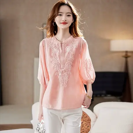 宝诗黎V领蝙蝠袖刺绣宽松衬衫2025夏季气质减龄百搭休闲衬衣女装商品大图