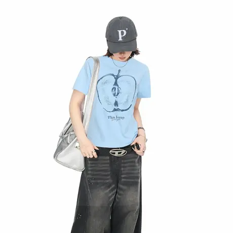 2025夏季新款短款正肩短袖T恤女美式辣妹风创意印花修身半袖上衣图片