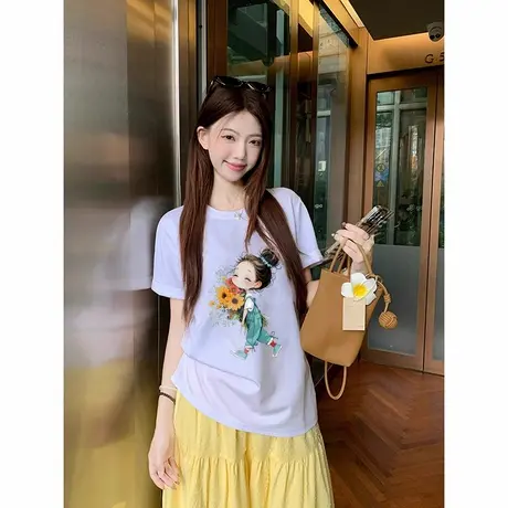 美式潮流高街向日葵杏色短袖2025新款纯棉t恤宽松高中学生上衣女商品大图