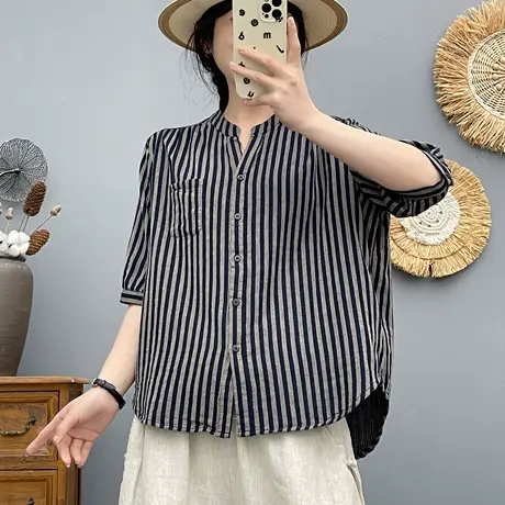 夏季文艺小清新条纹双层棉纱中袖白衬衫女宽松休闲五分袖上衣百搭商品大图