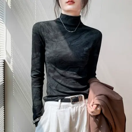 扎染半高领打底衫女秋冬新款修身黑色高级感西装内搭长袖T恤上衣图片