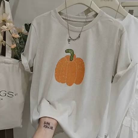 韩系趣味南瓜印花短袖T恤女2025夏季新款时尚休闲上衣ins潮体恤衫商品大图