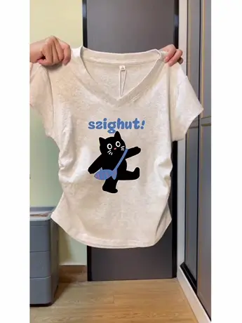 女式v领上衣休闲风chic夏季流行穿搭T恤收腰ins大码别致显瘦短袖商品大图