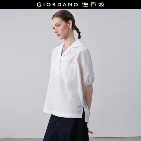 设计师款佐丹奴白色衬衫女拼接翻领半开襟口袋中袖衬衫女18345513图片