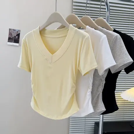 纯欲性感V领正肩短袖T恤女夏季修身韩版打底衫短款小个子收腰上衣图片