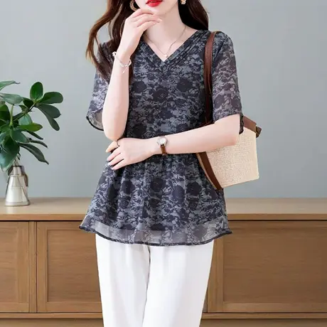 时尚印花雪纺衬衫女短袖夏季新款v领气质小衫宽松遮肚子上衣薄款商品大图