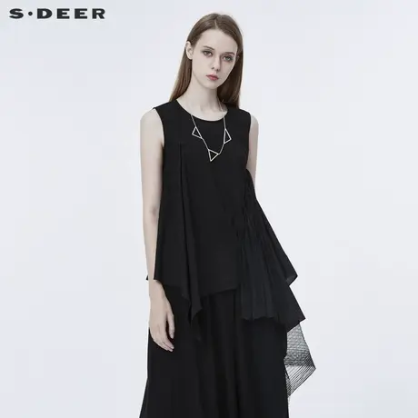 sdeer圣迪奥女装夏装休闲肌理网纱拼接黑色a字无袖衬衫S20280602图片