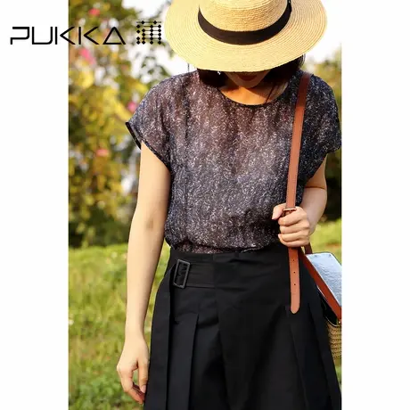 蒲PUKKA短袖衬衫女夏季宽松休闲丝麻圆领设计感衬衣图片