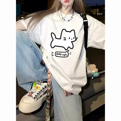 NR真维斯白色正肩纯棉短袖t恤女夏季新款小猫印花别致百搭上衣潮商品大图
