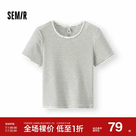 [商场同款]森马短袖T恤女短款蕾丝花边气质2025夏新款紧身条纹衫图片