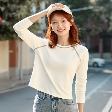 KWV真维斯杏色长袖t恤女2025新款爆款春秋修身短款上衣内搭打底衫商品大图