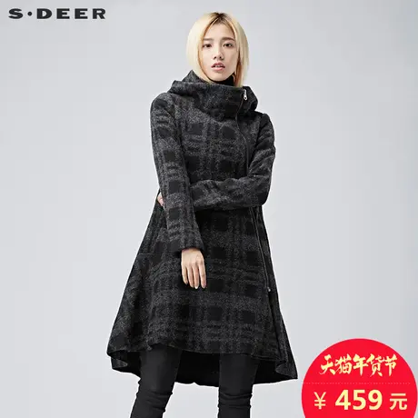sdeer圣迪奥女2018冬装阔摆格纹连帽毛呢大衣衣S16881799图片