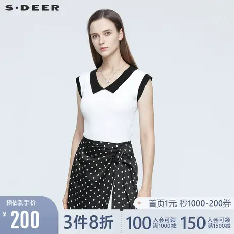 sdeer圣迪奥夏装复古翻领撞色拼接花边针织衫女S21263505图片