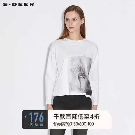 sdeer圣迪奥女装春秋装宽松圆领水墨晕染白色长袖T恤S21380206图片