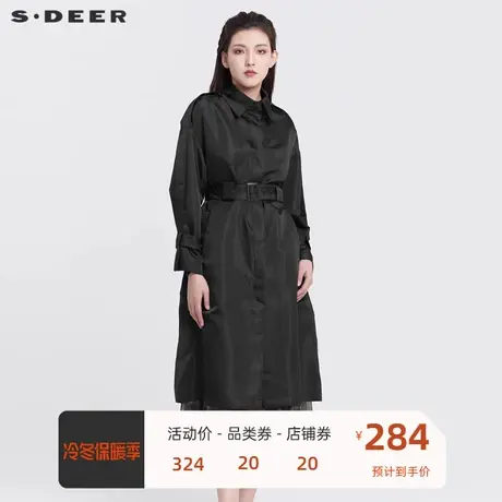 sdeer圣迪奥女装翻领收腰直筒黑色长款风衣S22161806图片