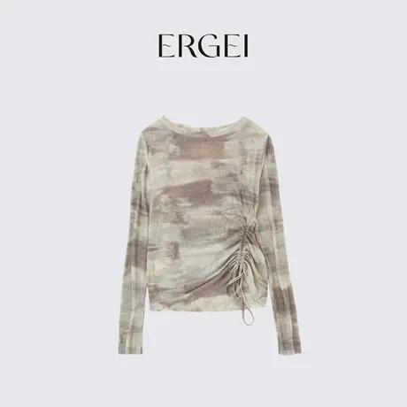 尔给小众设计感网纱扎染打底上衣女2024新款夏季长袖抽褶收腰T恤图片