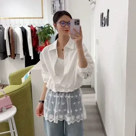 设计感蕾丝吊带长袖衬衫两件套女春装新款韩版时尚百搭小个子上衣图片