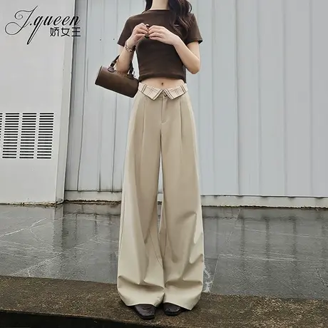 拼接格子阔腿裤女夏季透气百搭垂感长裤拉链格纹高腰遮肉显瘦裤子商品大图