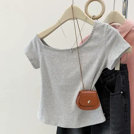 条纹斜肩露肩短袖T恤女夏季修身韩版短款小个子正肩chic甜辣上衣商品大图