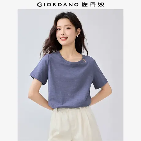 佐丹奴T恤女装竹节棉领边猫咪刺绣圆领针织短袖T恤 13325224商品大图