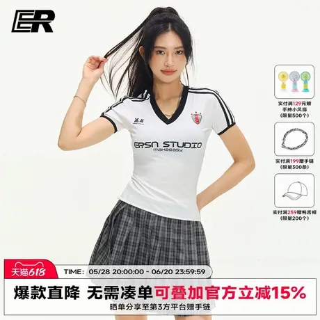 ER复古辣妹V领撞色印花短袖t恤女2025夏季运动修身显瘦腰精上衣图片