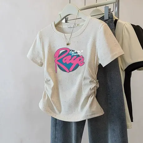 正肩圆领短袖褶皱收腰上衣夏季新款高级感彩虹波点修身短袖t恤女商品大图