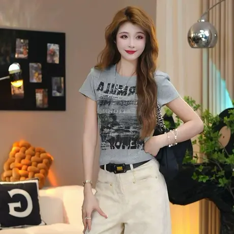 2025夏季新款短款时尚圆领字母印花短袖t恤女装小众修身显瘦上衣商品大图